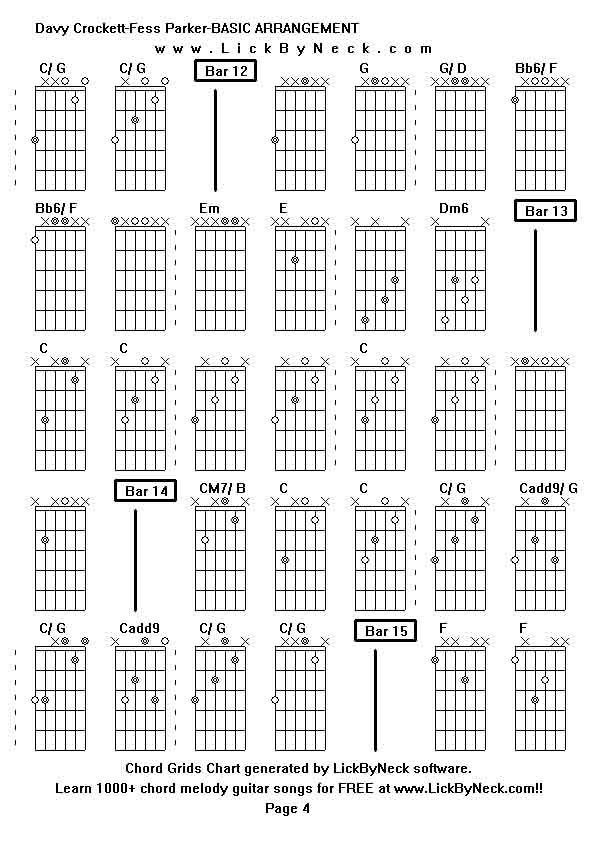 Chord Grids Chart of chord melody fingerstyle guitar song-Davy Crockett-Fess Parker-BASIC ARRANGEMENT,generated by LickByNeck software.